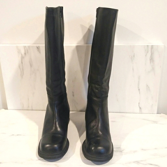 Vintage 90's Chunky Block Heel Square Toe Tall Black Leather Boots - Picture 3 of 16